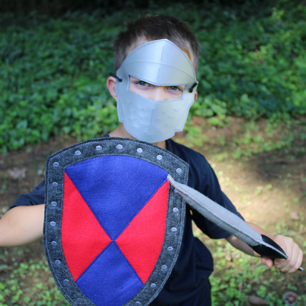 Knight Pretend Play Set - Shield with red and blue design, sword, and helmet 