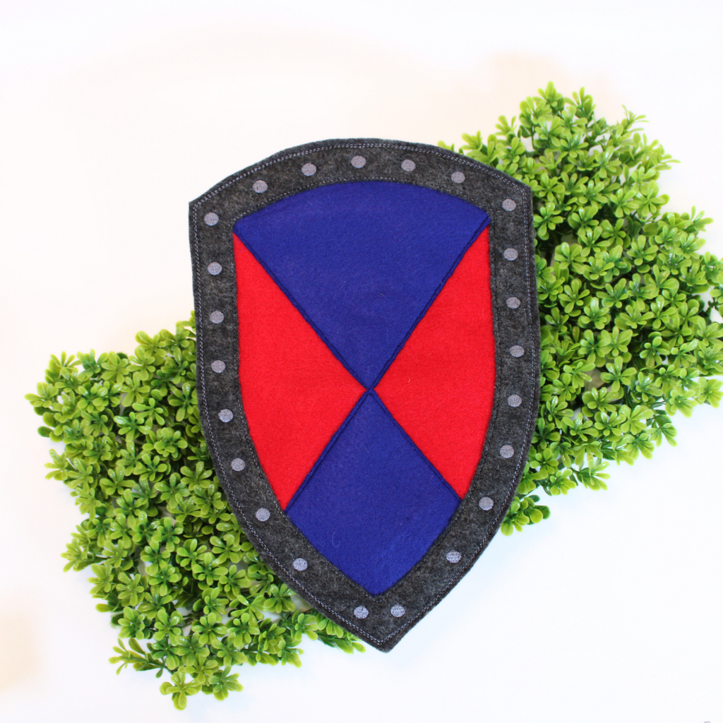 Knight Pretend Play Set - Shield with red and blue design, sword, and helmet 
