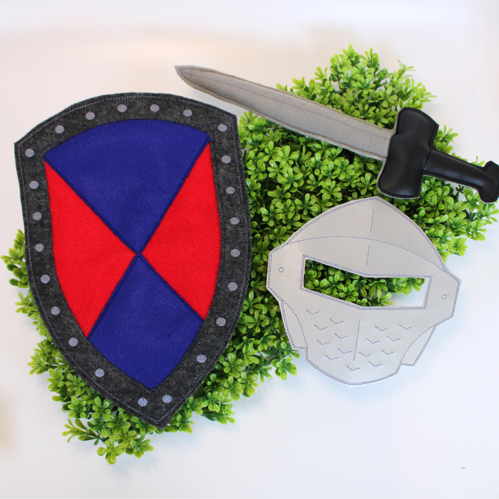 Knight Pretend Play Set - Shield with red and blue design, sword, and helmet 