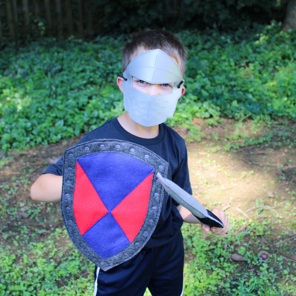 Knight Pretend Play Set - Shield with red and blue design, sword, and helmet 